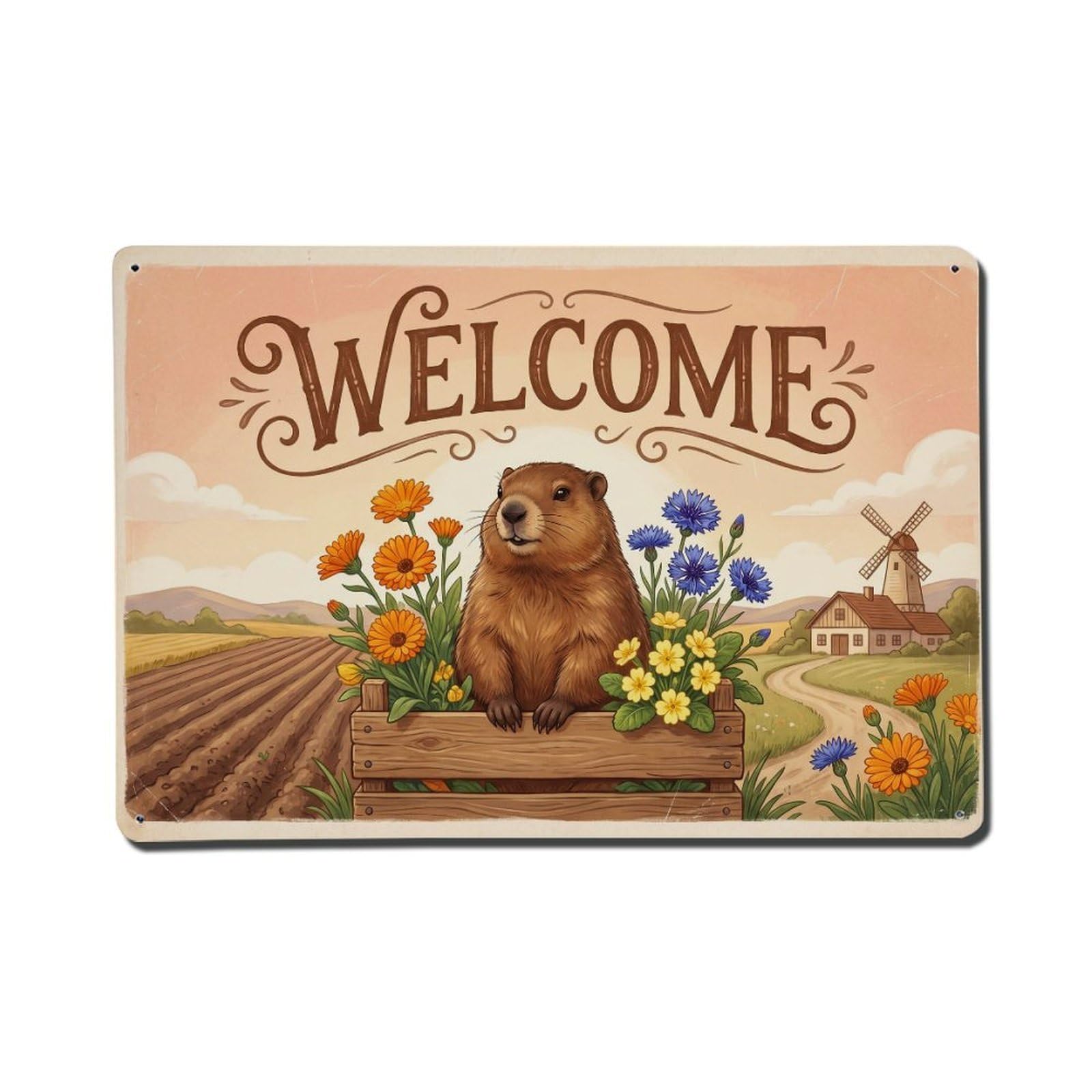 Vintage Welcome Groundhog Cheerful Day Metal Tin Sign