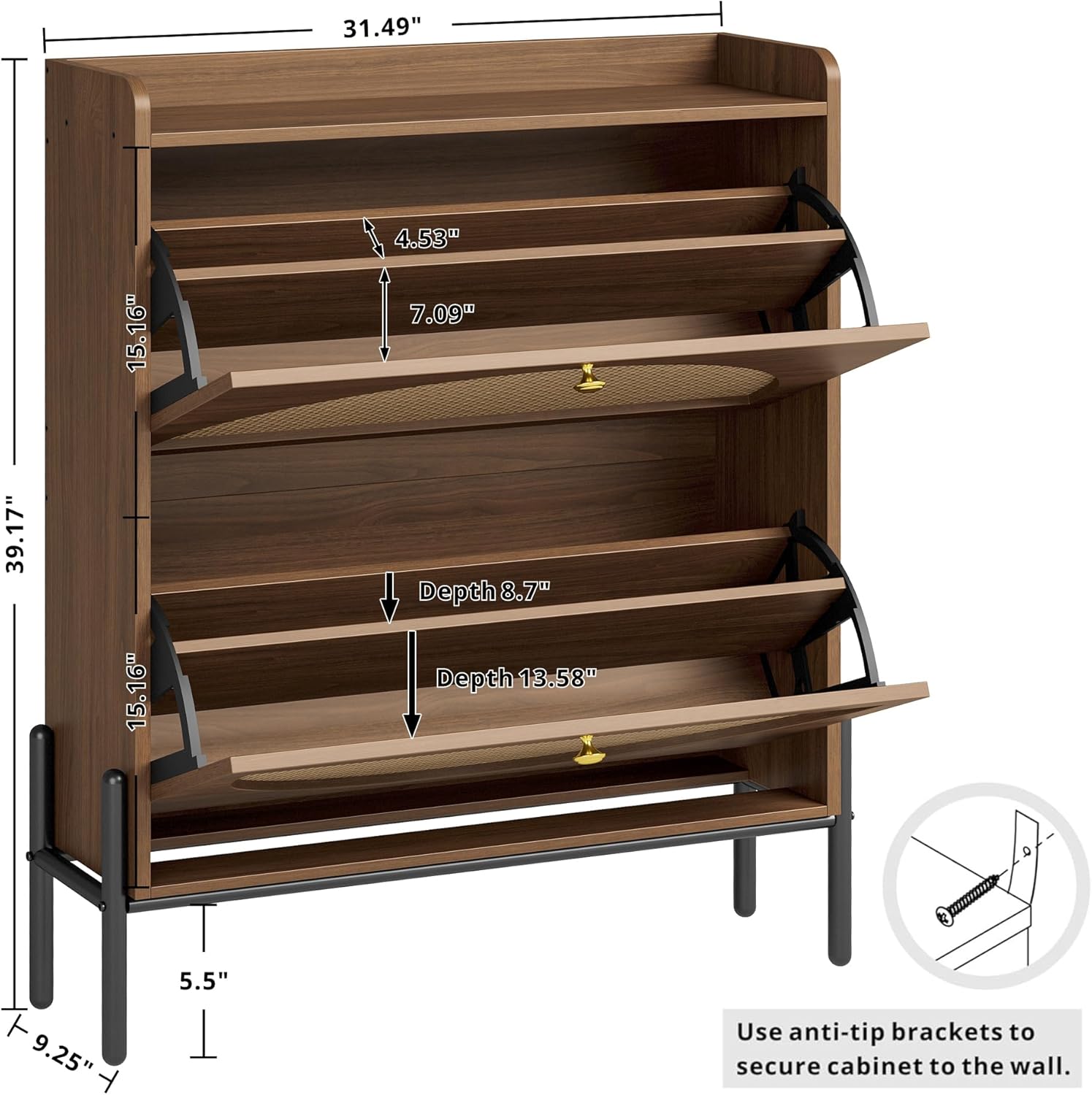 Diagram showing the dimensions of the IRONCK Shoe Cabinet: 31.49 inches wide, 9.25 inches deep, and 39.17 inches high.
