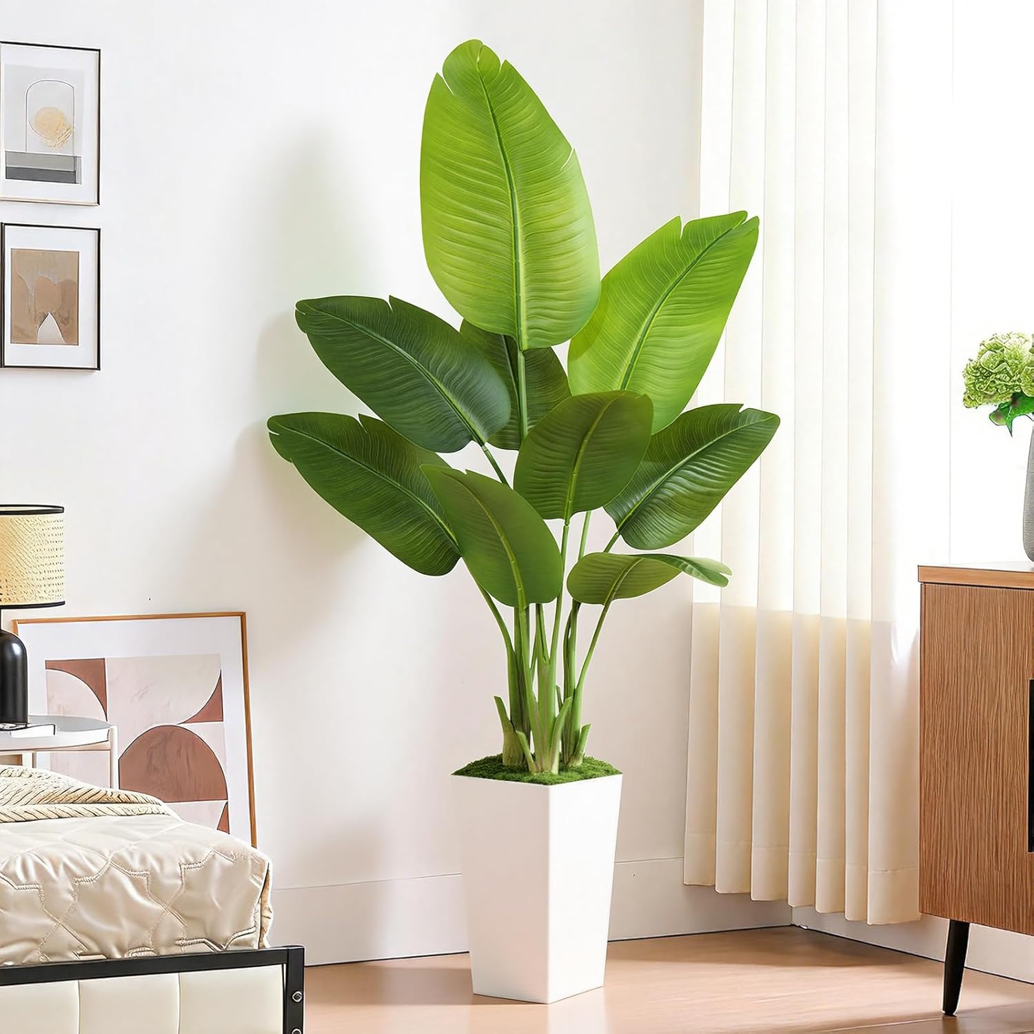 Lifelike Bird of Paradise Artificial Plant 5ft Faux Banana Leaf Tree with White Tall Planter for Home Decor - Perfect Indoor Silk Floor Plant for Living Room, Office, and Bedroom Ambiance Enhancement - Image 2
