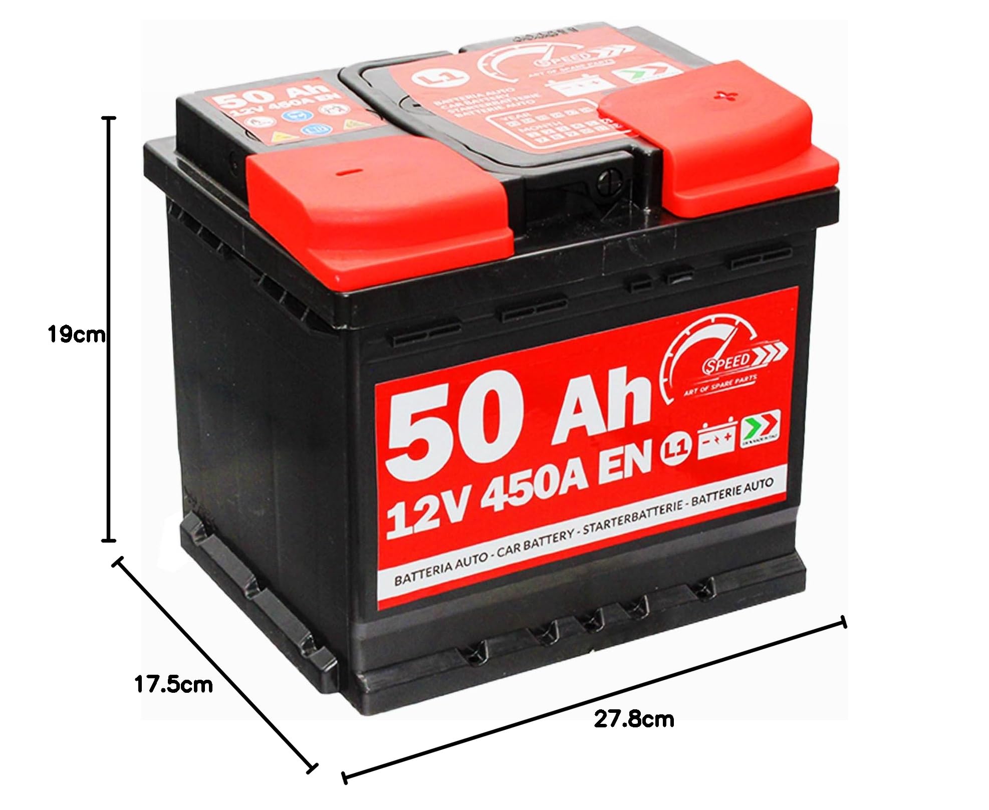 Speed Batterie de voiture L1 50 Ah 12 V 450 A EN pôle positif à droite +DX | 207x175x190 mm équivalent 40 44 50 52 Ah