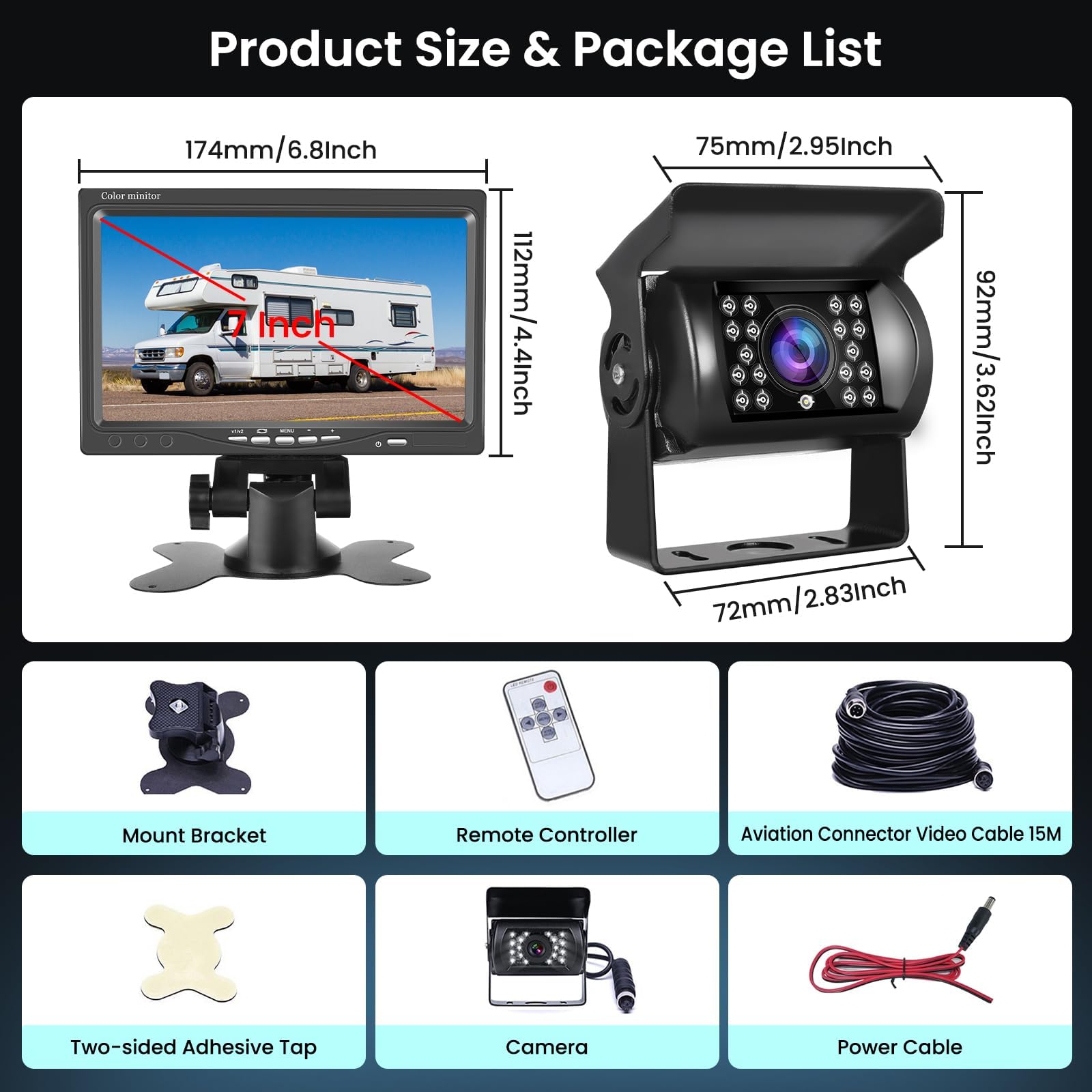 VECHTE Cámara de Marcha Atrás y 7 Pulgadas LCD HD Monitor IP68 Impermeable Visión Nocturna Camara de Visión Trasera para Camiónes, Autobuses, Coches, RV, Caravanas, Furgonetas+15m Cable, 12V-24V