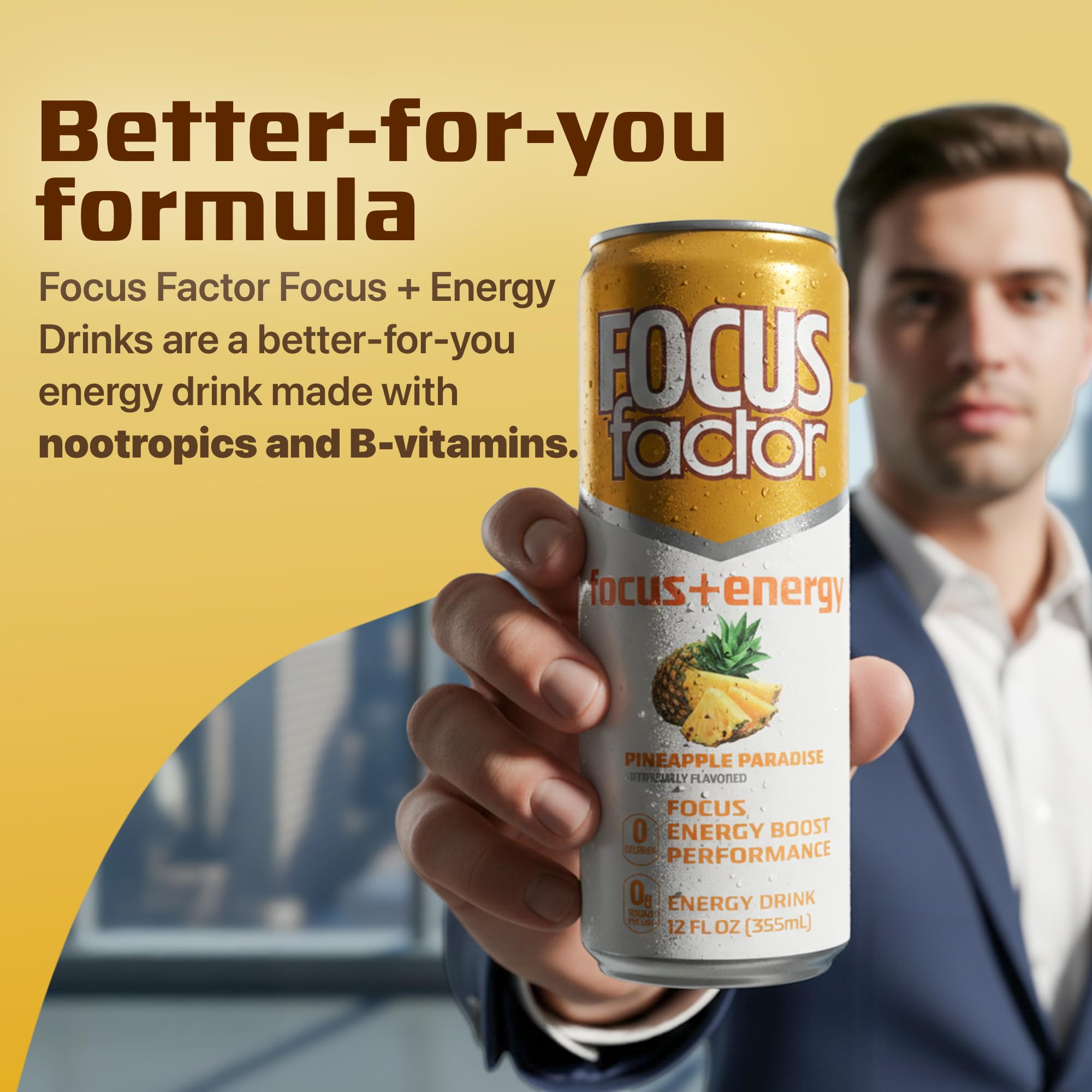 Focus Factor Energy Drink - 12 x 355ml Cans (Pineapple Paradise Flavor) - with Focus + Energy - Lightly Carbonated, Sugar Free, Low Calorie with Vitamin B6 & Vitamin B12