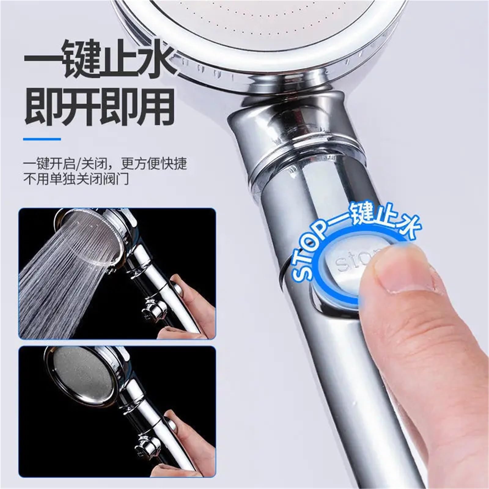 Cabezal de ducha presurizado giratorio de 360 ​​grados con llave de parada de agua, 3 modos ajustables(Silver)