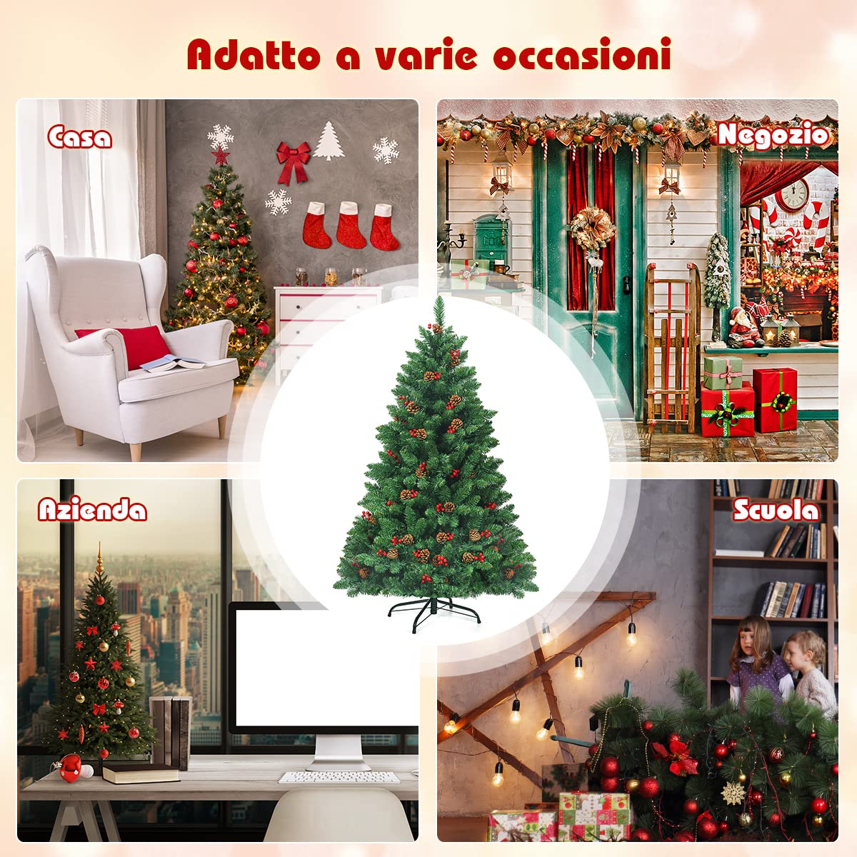 COSTWAY Albero di Natale 135/195 cm, Albero di Natale con 300/450 Luci Incorporate Bianco Caldo, 516/1100 Rami, 32/56 Pigne e 32/56 Bacche Rosse e Base in Metallo, Verde (135cm)
