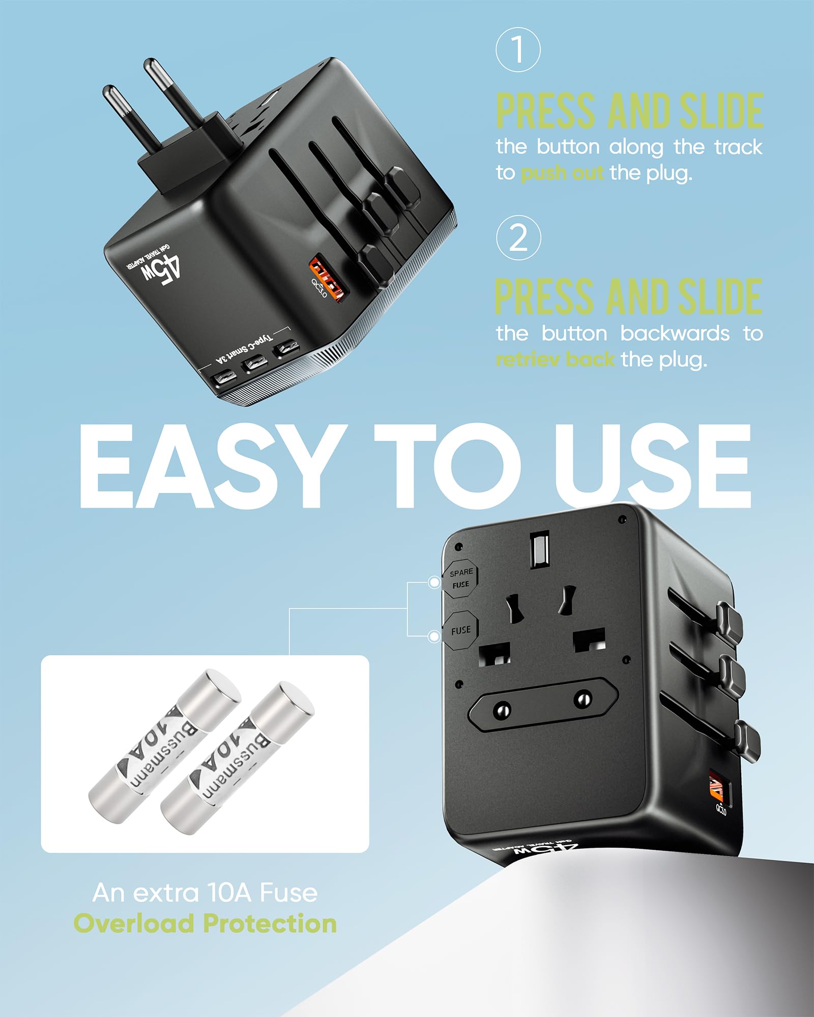 TenTrend - Adaptateur de voyage universel, adaptateur secteur international 45 W avec 4 ports USB-C et 1 port USB-A, adaptateur de prise de voyage européen, essentiel dans le monde entier