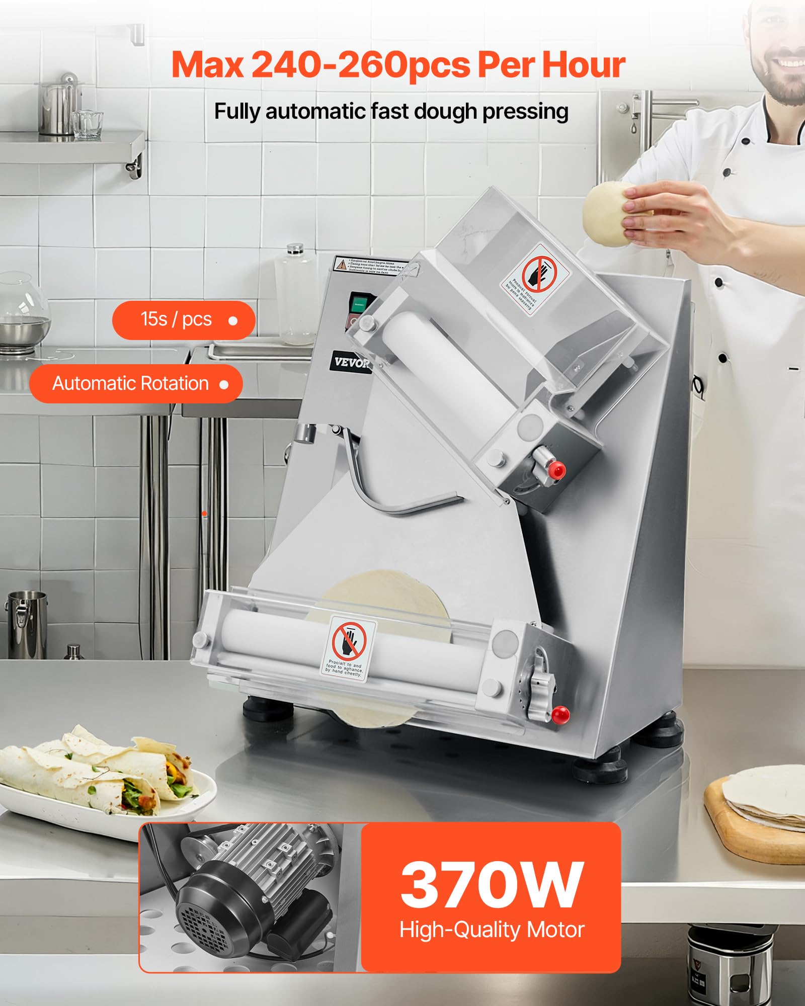 VEVOR Formeuse à pizzas, 7,6 à 35,5 cm, presse à pâte électrique commerciale 370 W, 260 feuilles par heure, laminoir à pâte à pizza automatique en acier inoxydable, épaisseur réglable, avec couvercle