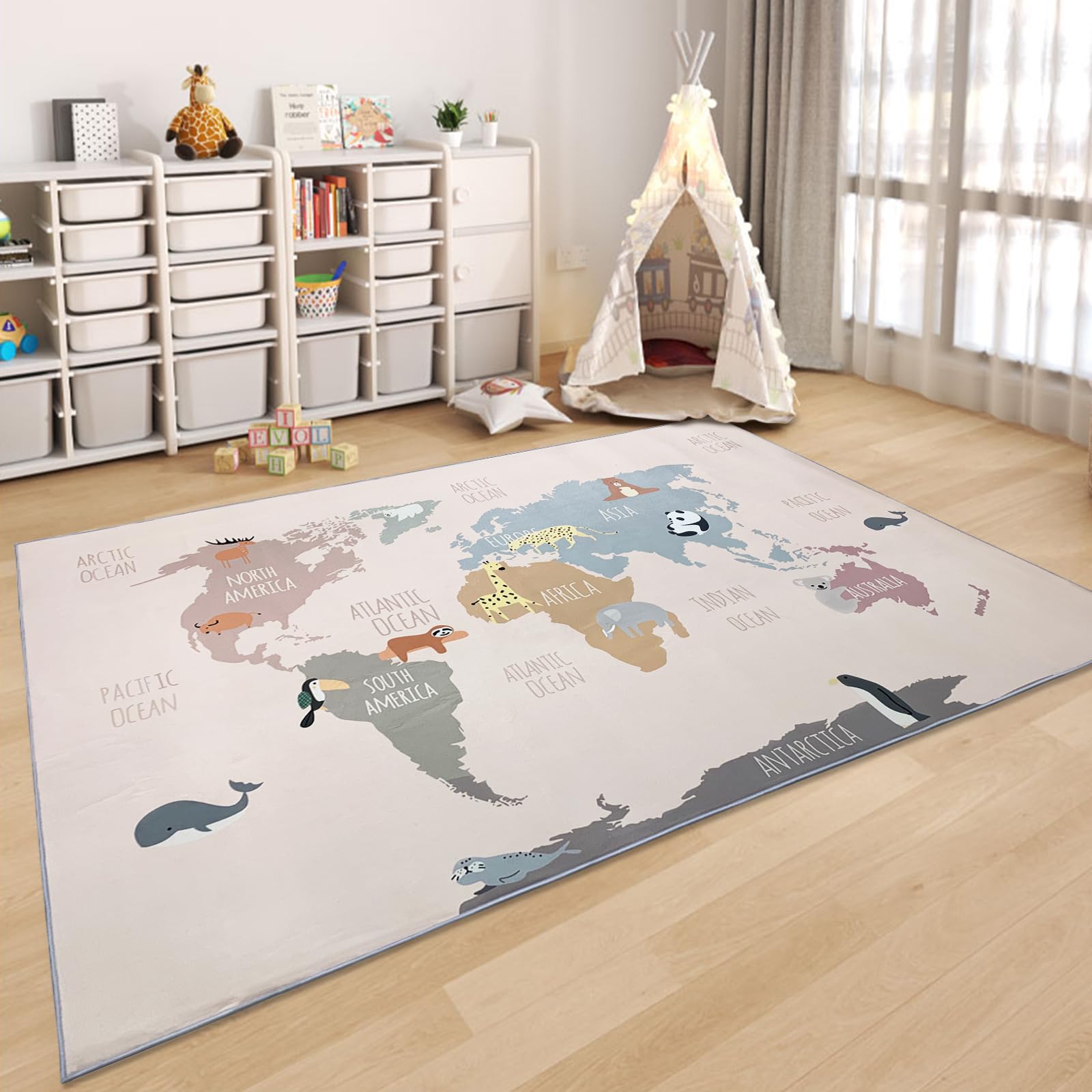 4ft Round Tassel Boho Sea Animal Ocean Doodle Carpet - Cute Underwater Graphic Area Rug For Kids Playroom Nursery Bedroom