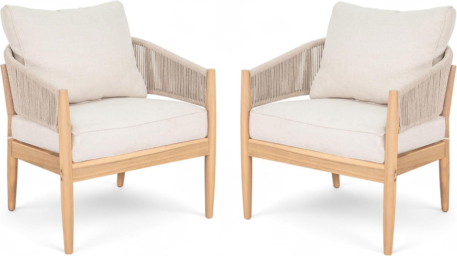Christopher Knight Home Naomi Set of 2 Patio Acacia Wood Club Chair with Cushion, Handwoven Rope Lounge Chair Outdoor for Porch/Backyard, Stylish Garden Seating with Curved Backrest, Beige+Light Brown
