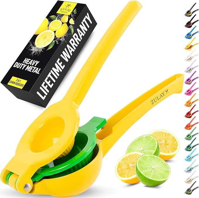 Zulay Kitchen Metal 2-in-1 Lemon Squeezer - Sturdy Max Extraction Hand Juicer Lemon Squeezer Gets Every Last Drop - Easy to Clean Manual Citrus Juicer - Easy-Use Lemon Juicer Squeezer - Yellow/Green