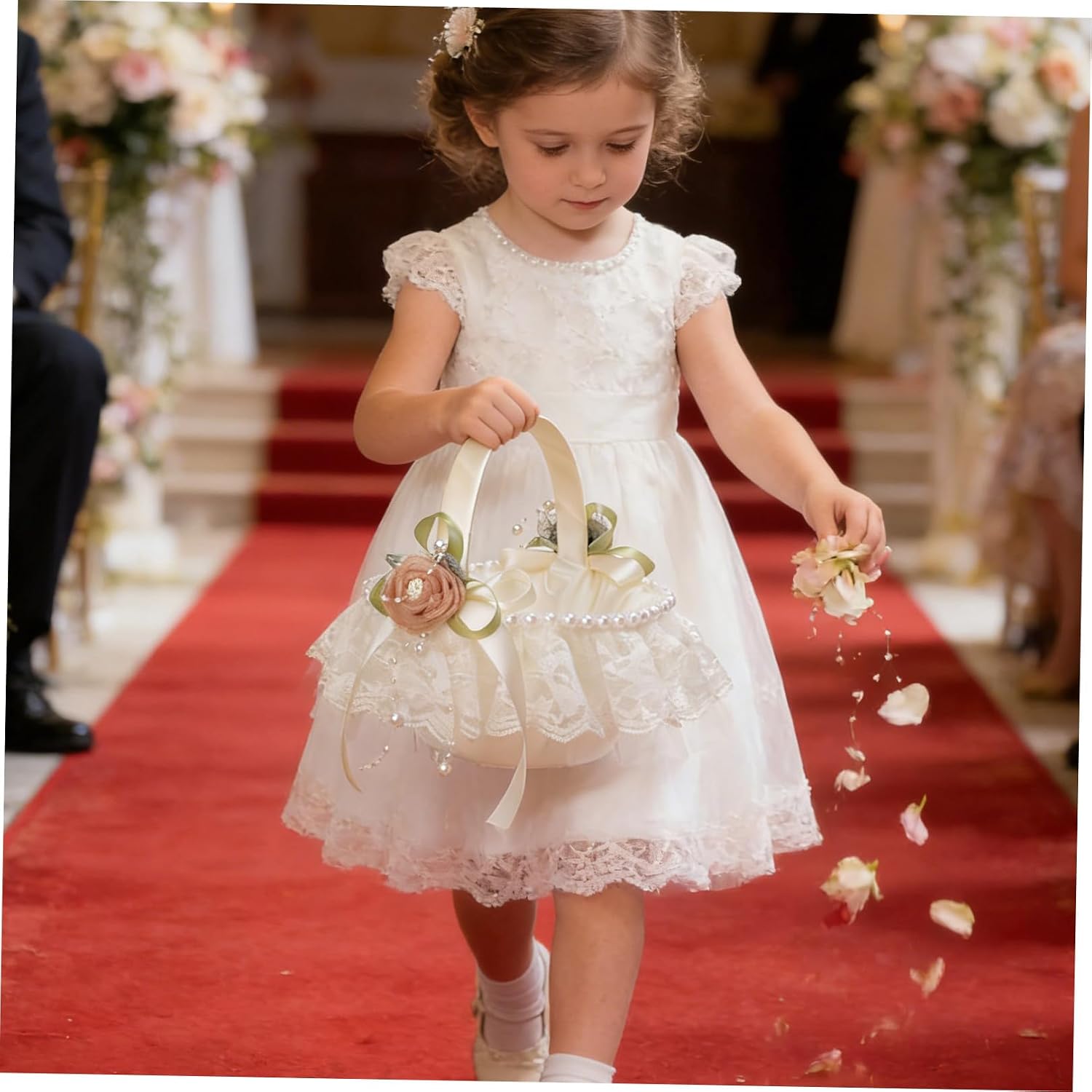 Flower Girl Basket with Pearls and Decorative Lace Handheld Wedding Flower Basket for Ceremony