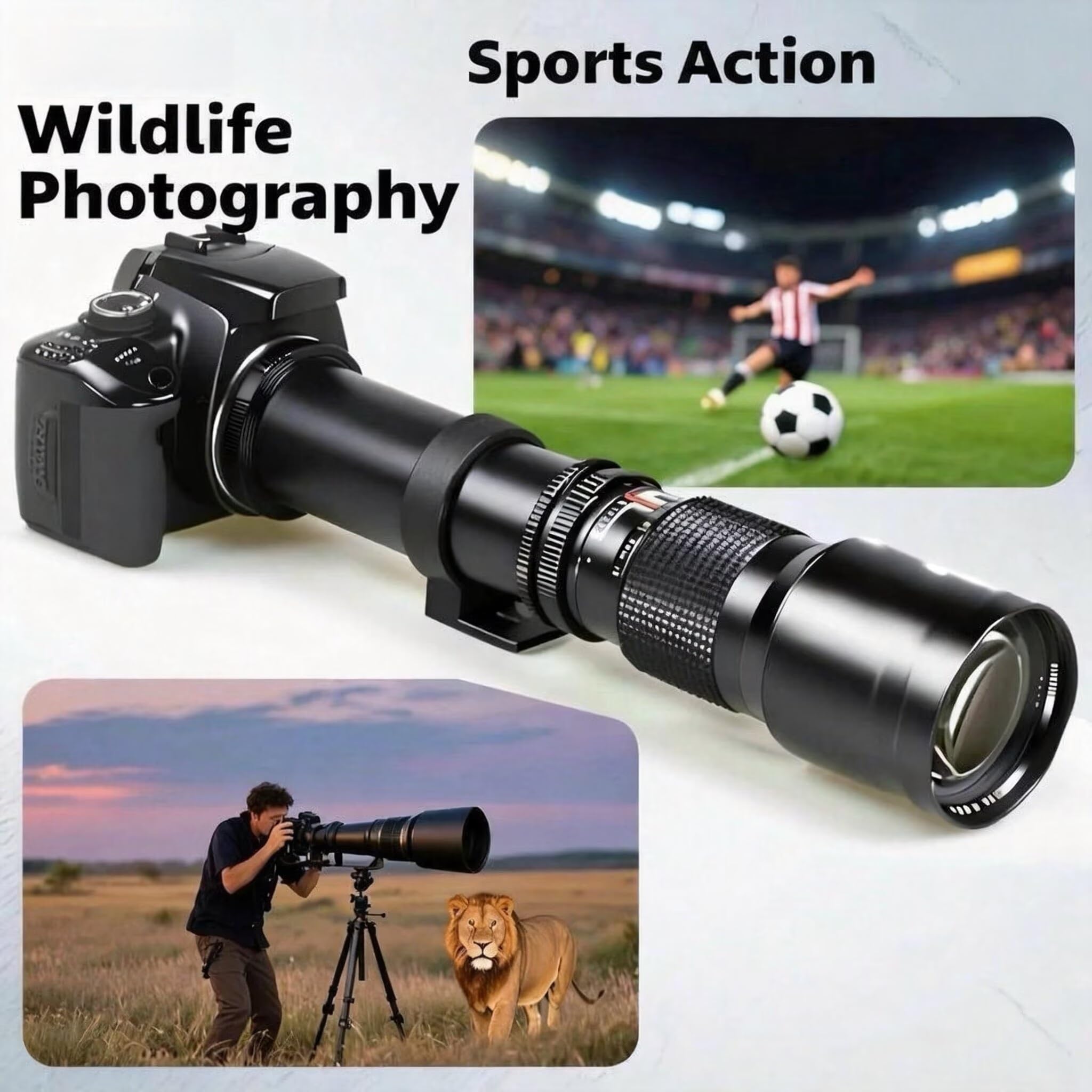 JINTU 500mm-1000mm f/8 Téléobjectif Manuel Caméra Lentille pour Canon EF EOS 7D, 60D, EOS Rebel SL1, T1i, T2i, T3, T3i, T4i, T5i, XS, XSi, XT, XTi 4000D 2000D 1300D 1200D 850D 800D 750D 200D 90D 80D