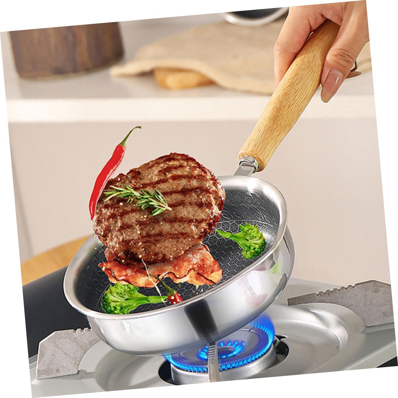 Lurrose Edelstahl Bratpfanne Wabenstruktur Antihaftbeschichtet Spiegeleipfanne mit Holzgriff Für Eier und Steaks Kochen Kleine Küchenutensilien Langlebig und Rutschfest