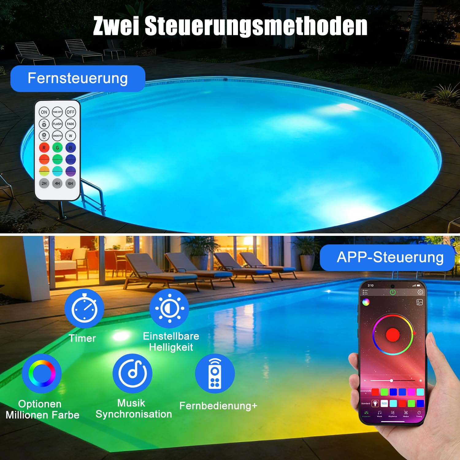 COOLWEST RGB LED Poolbeleuchtung, 24W Poolscheinwerfer mit Magnet, Pool Lichter Unterwasser mit APP-Kontrolle IP68 Wasserdicht für Stahlwandpools, Aufstellpool, Framepools, 7m Kabel, 12V, Dimmbar