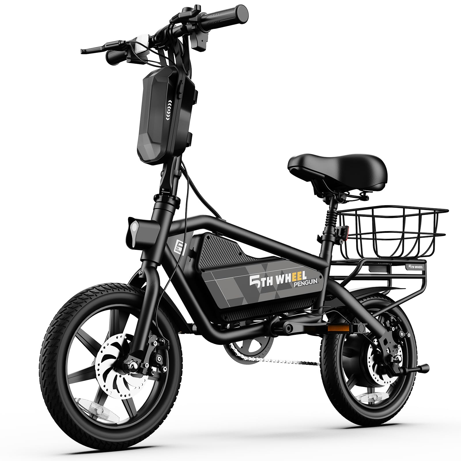 5TH WHEEL Penguin Electric Bike, Mini 14" E-Bikes with Foldable Handlebar and Adjustable Seat, Peak 700W Motor & 20 MPH, 40 Miles PAS Range Commuting Bikes with Dual 160MM Disc Brakes and Cargo Rack