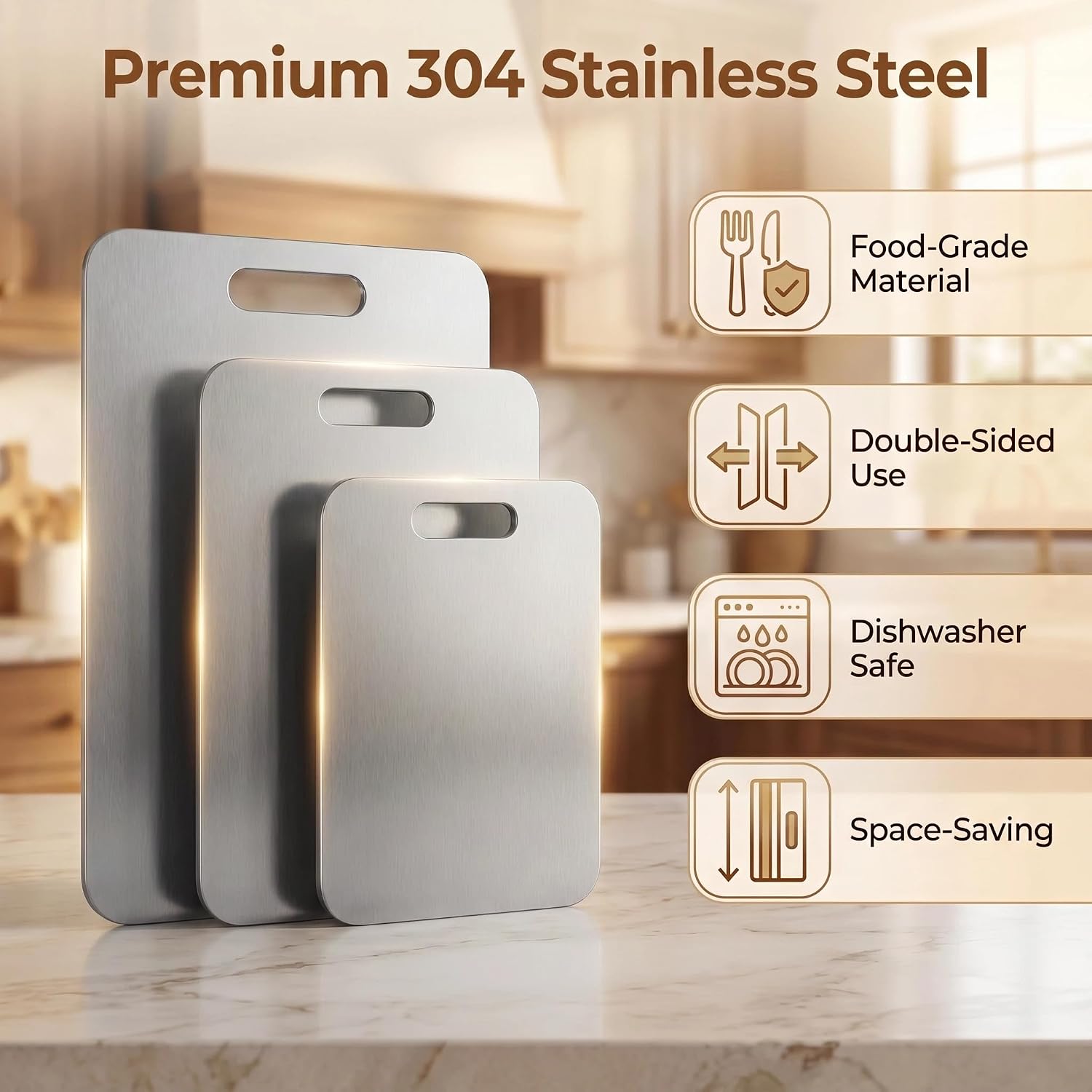 Upgraded Stainless Steel Cutting Board for Kitchen, 3 pcs Non Toxic Chopping Boards, Non-Staining & Odor-Free, Dishwasher Safe (15.3"x11", 13.4"x9", 11.8"x8")