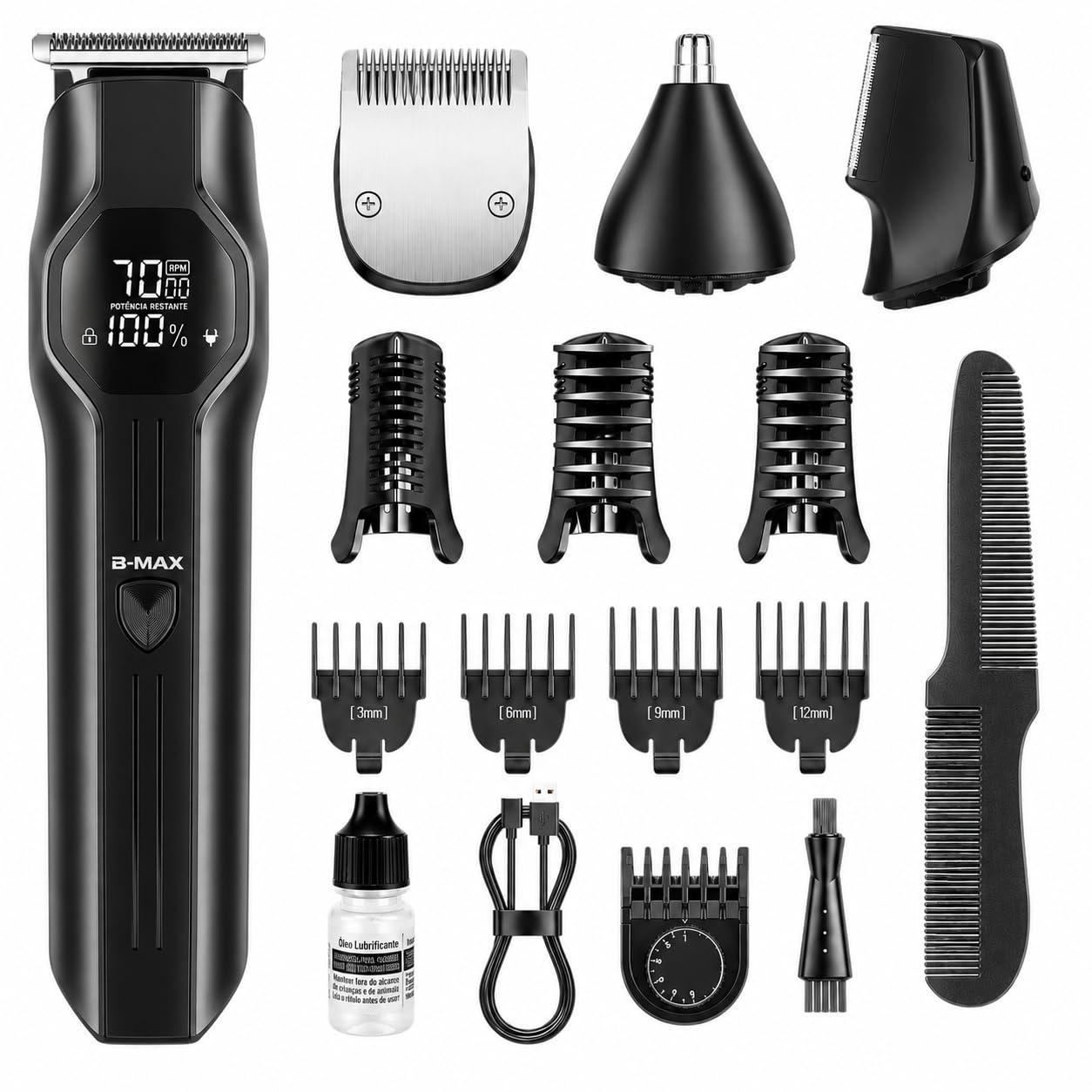 Aparador de Pelos Eletrico B-MAX BM-C080 Kit 14 em 1 Sem Fio Recarregavel USB Barba Nariz