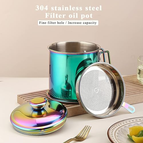 Miniatura 3 de Berglander Contenedor de grasa de tocino arcoíris con colador de 47 onzas, contenedor de almacenamiento de aceite de acero inoxidable chapado en