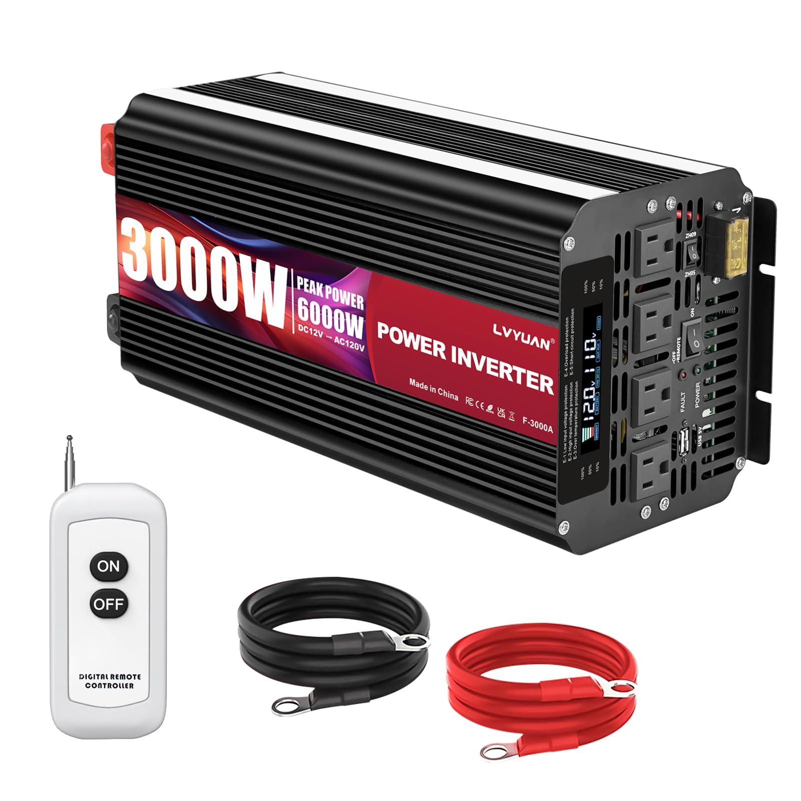 LVYUAN3000 Watt Power Inverter 12V to 110V 120V for Vehicle, Solar Inverter System, Heavy Duty, RV, Truck, Off Grid,Camping with 4 AC Outlets, LCD Display, Wireless Remote Control, Car Power Inverter