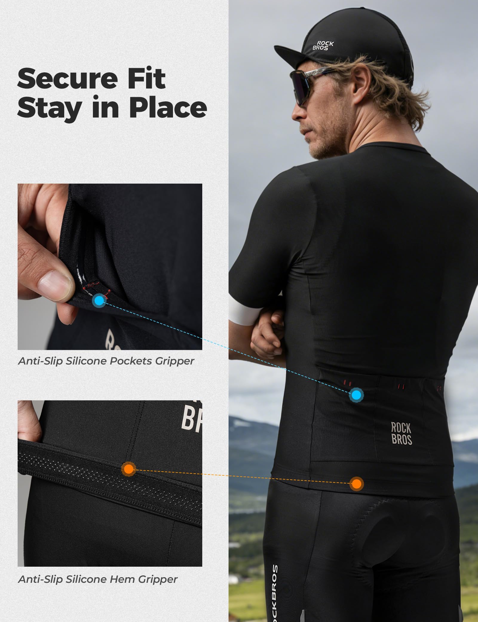 ROCKBROS Radtrikot Kurzarm Herren, Leicht Atmungsaktiv Schnell Trocknend Rennrad Trikot mit 3 Rückentaschen, Fahrradtrikot Fahrradbekleidung für Radsport Rennrad, Schwarz M–3XL