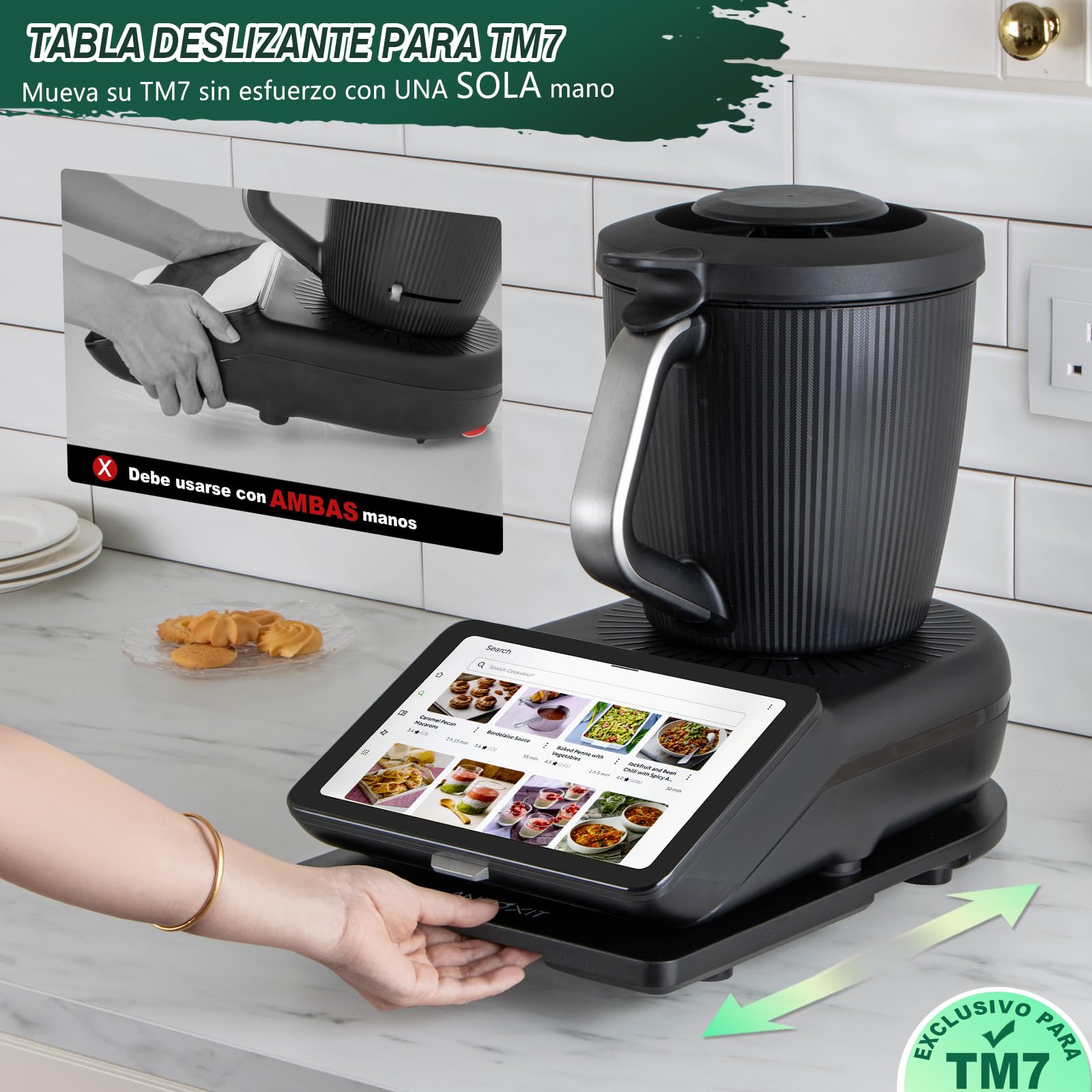 ANBOXIT Tabla Deslizante para Thermomix TM7, Base para Thermomix con Ruedas, Soporte para Bimby,de Bambú - Negro