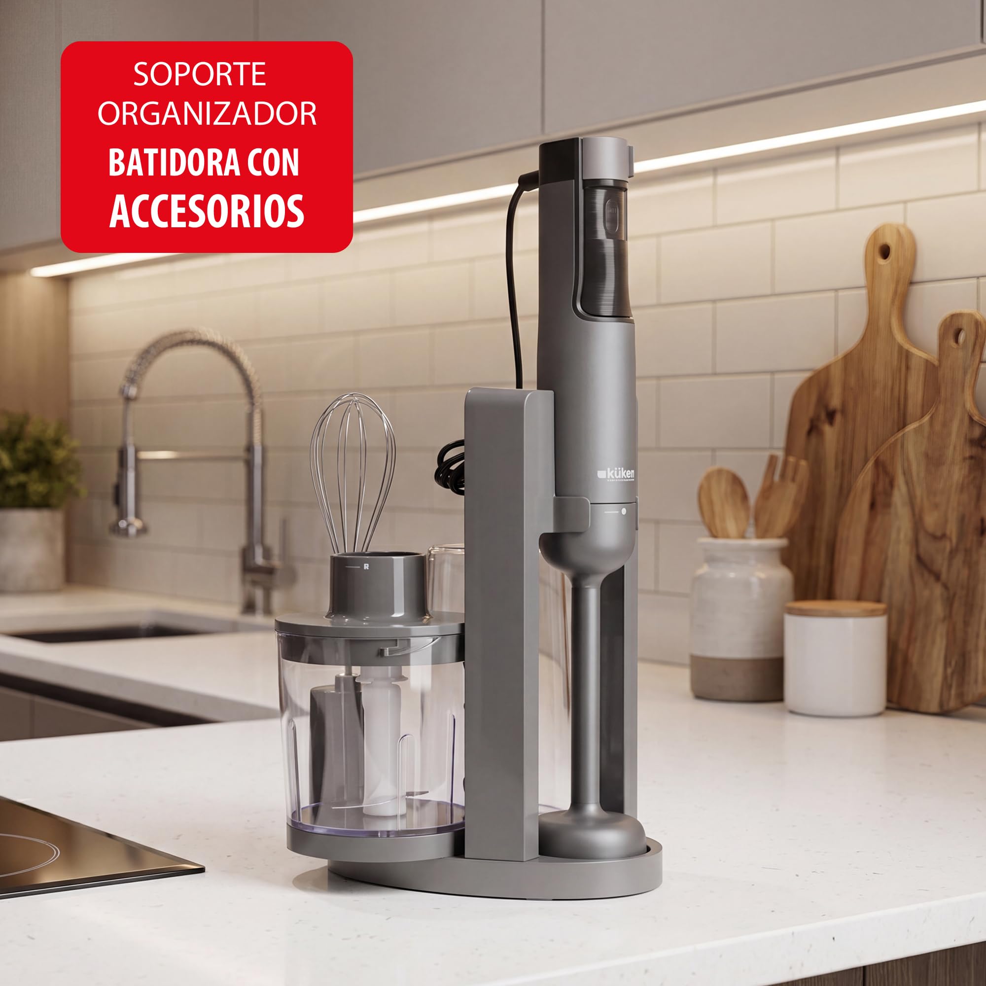 KUKEN Batidora De Mano 1000W Con Accesorios, Minipimer Profesional Con 9 Velocidades, Batidora Brazo Inox Con Pantalla LCD, Picadora, Varillas Y Vaso Graduado