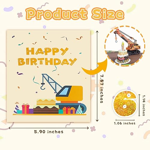 Miniatura 6 de Tarjeta de felicitación 3D de 6 cumpleaños con luz y música, tarjeta de camión grúa para niño, sobrino, nieto, hijo, niño pequeño, con sobre,