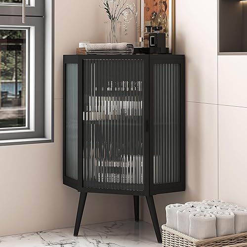 Armario de almacenamiento esquinero, armario de esquina de baño independiente con puertas de vidrio estriado y estantes ajustables, organizador de