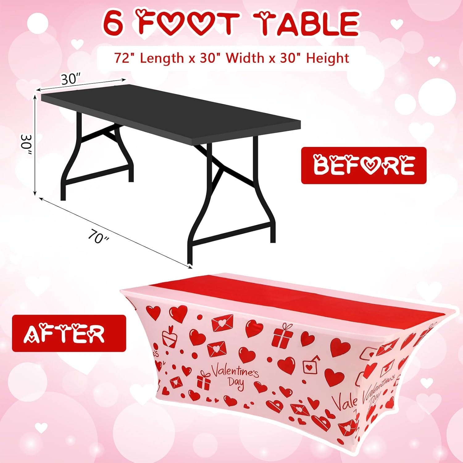Oudain 2 Pcs Valentine's Day Stretch Table Cover 6 Feet Red Heart Valentine's Day Spandex Table Clothes Sport Theme Party Decorations for Holiday Party Celebration Picnic Dinner Decor
