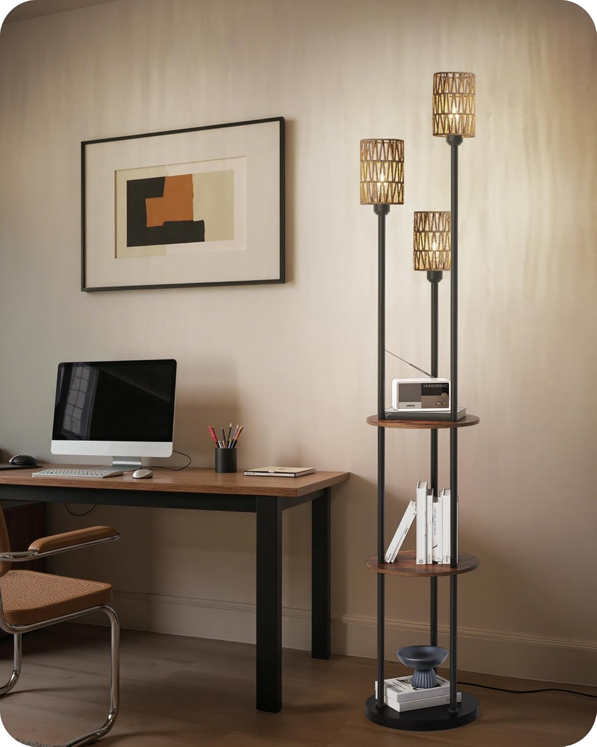 Floor Lamp with Shelves, Boho Floor Lamp with Foot Switch, 3-Light Standing Lamp, for Living Room, Bedroom, Study, Rustic Brown and Yellow YF53LD05