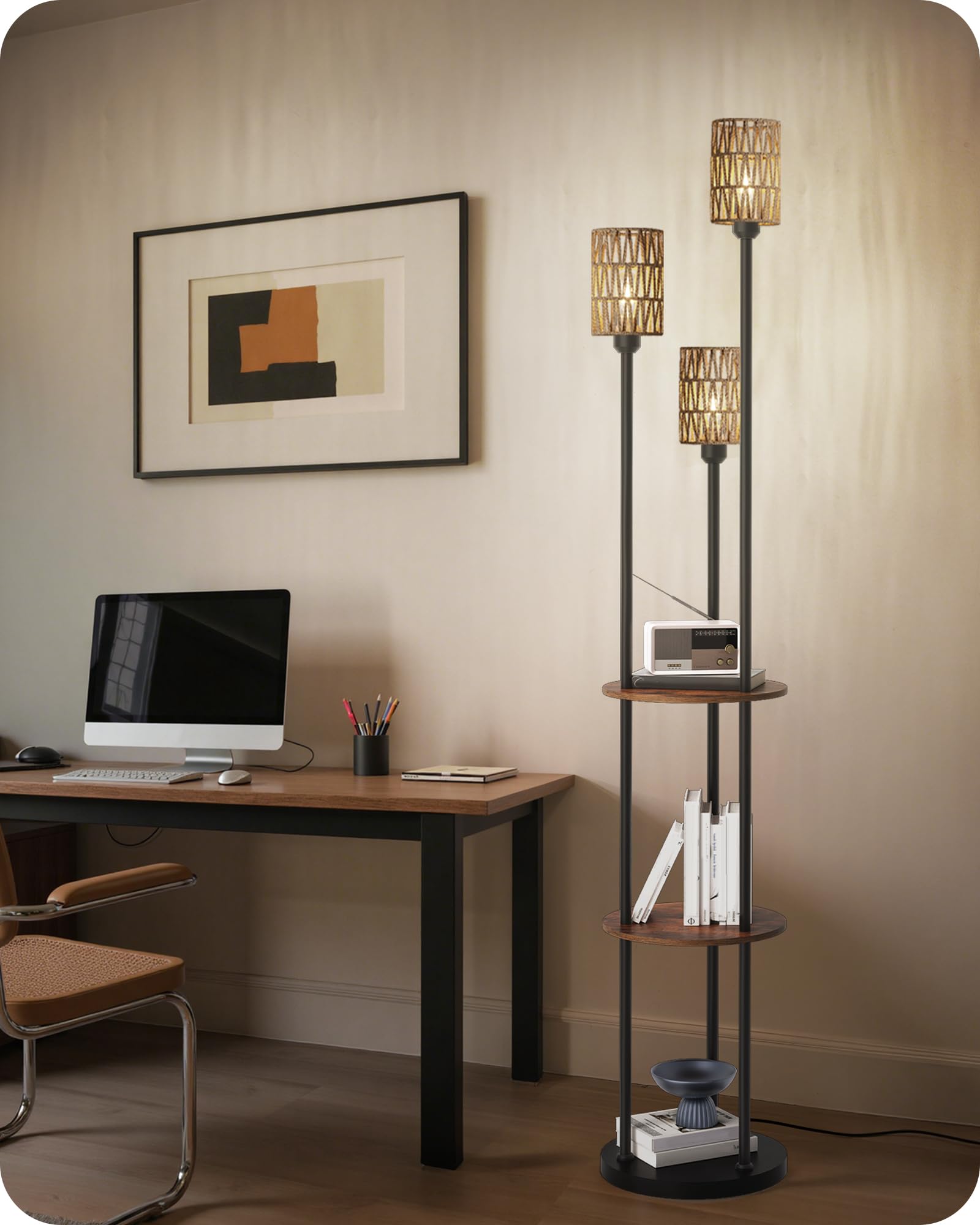 Stehlampe Wohnzimmer mit Ablage, 3-flammige Rattan Stehleuchte mit Regal Vintage, Boho Standleuchte aus Holz mit Fußschalter, E27 Fassung, retro rustikalbraun, moderne Regallampe ZYF53LDD05