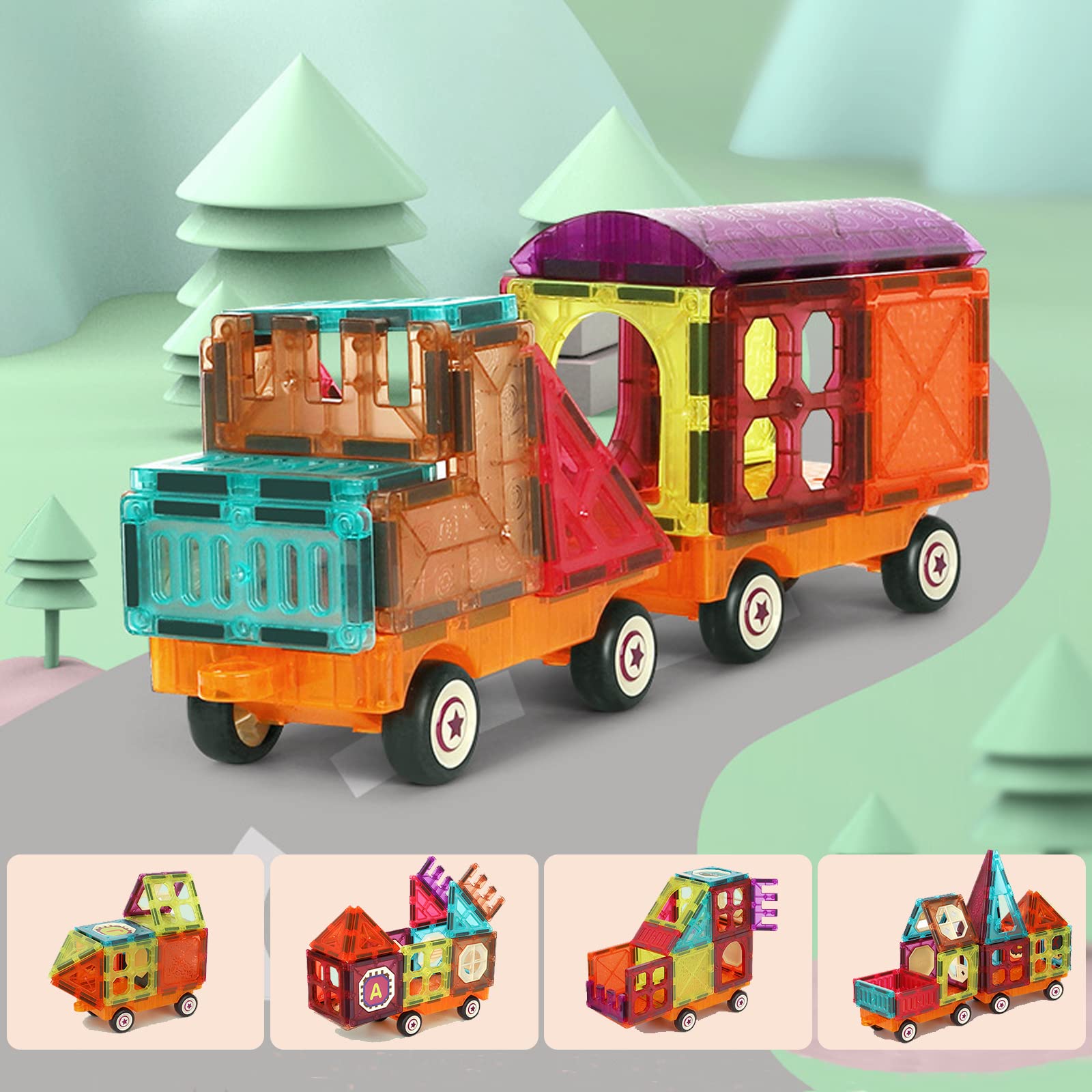 Bloques de construcción magnéticos con 4 autos de tren magnético para niños, juguete STEM de construcción preescolar, educativo, creatividad, aprendizaje, cumpleaños, regalo para niñas y niños 2