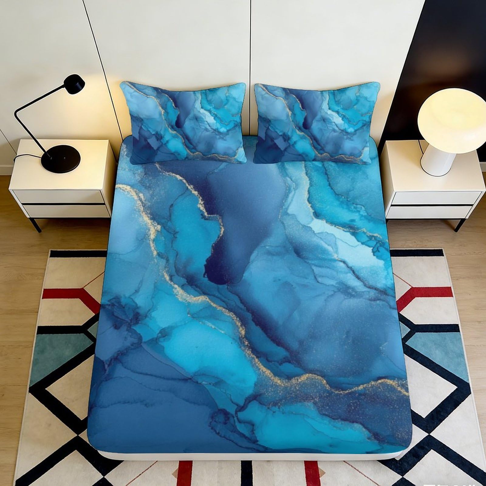 3D Printed Blue Marble Fitted Sheet Microfiber Soft Watercolor Ocean Bed Cover for Bedroom Dorm Mattress Protection Decor 90x200x25cm