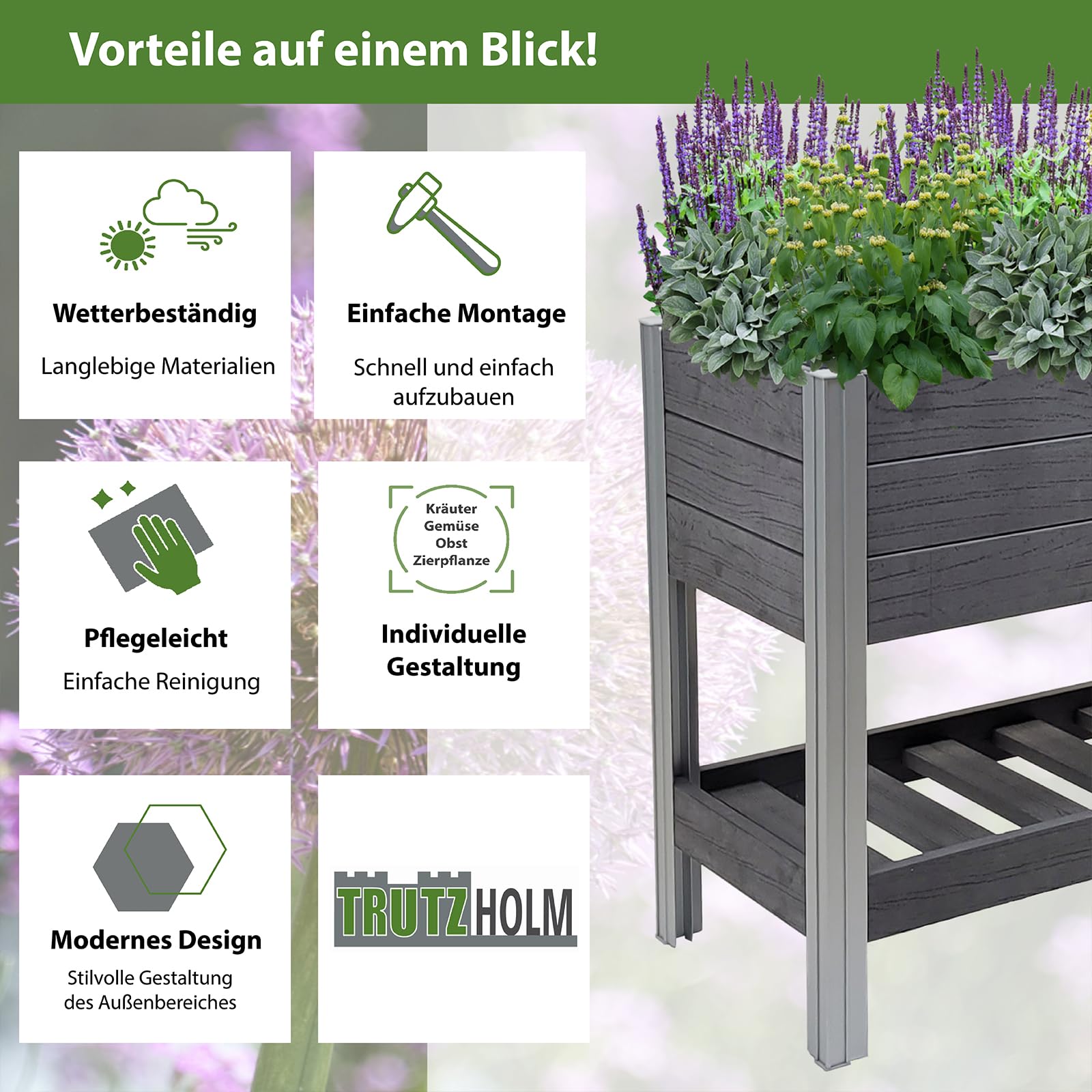 TRUTZHOLM Hochbeet mit Ablage 79x46x74 cm 65 Liter Holzoptik robust witterungsbeständig Kräuterbeet Pflanzkasten Anthrazit