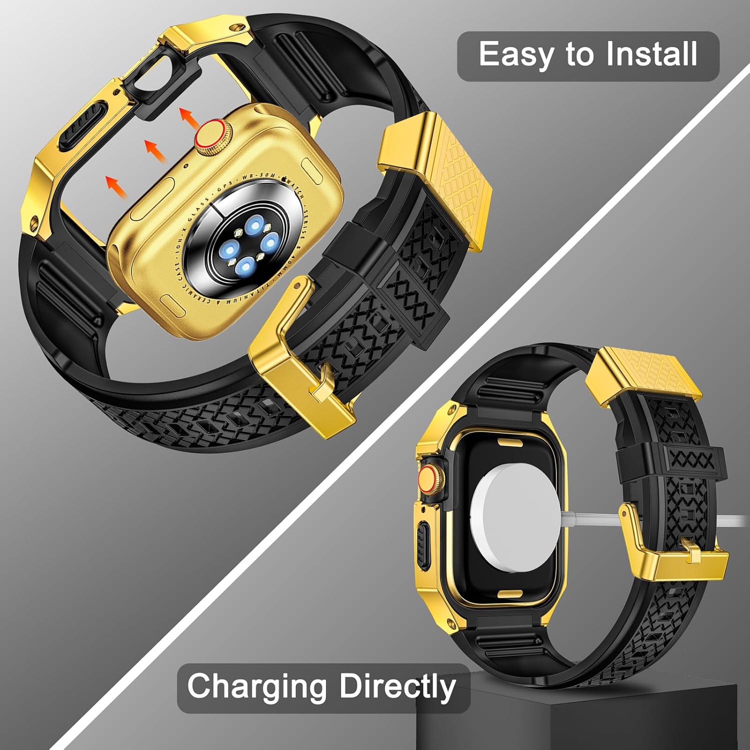 SUPLINK Stainless Steel Case with Silicone Band Compatible with Apple Watch Series 9 8 7 45mm Metal Rugged Protector Cover for iWatch Men (Gold) - Image 6