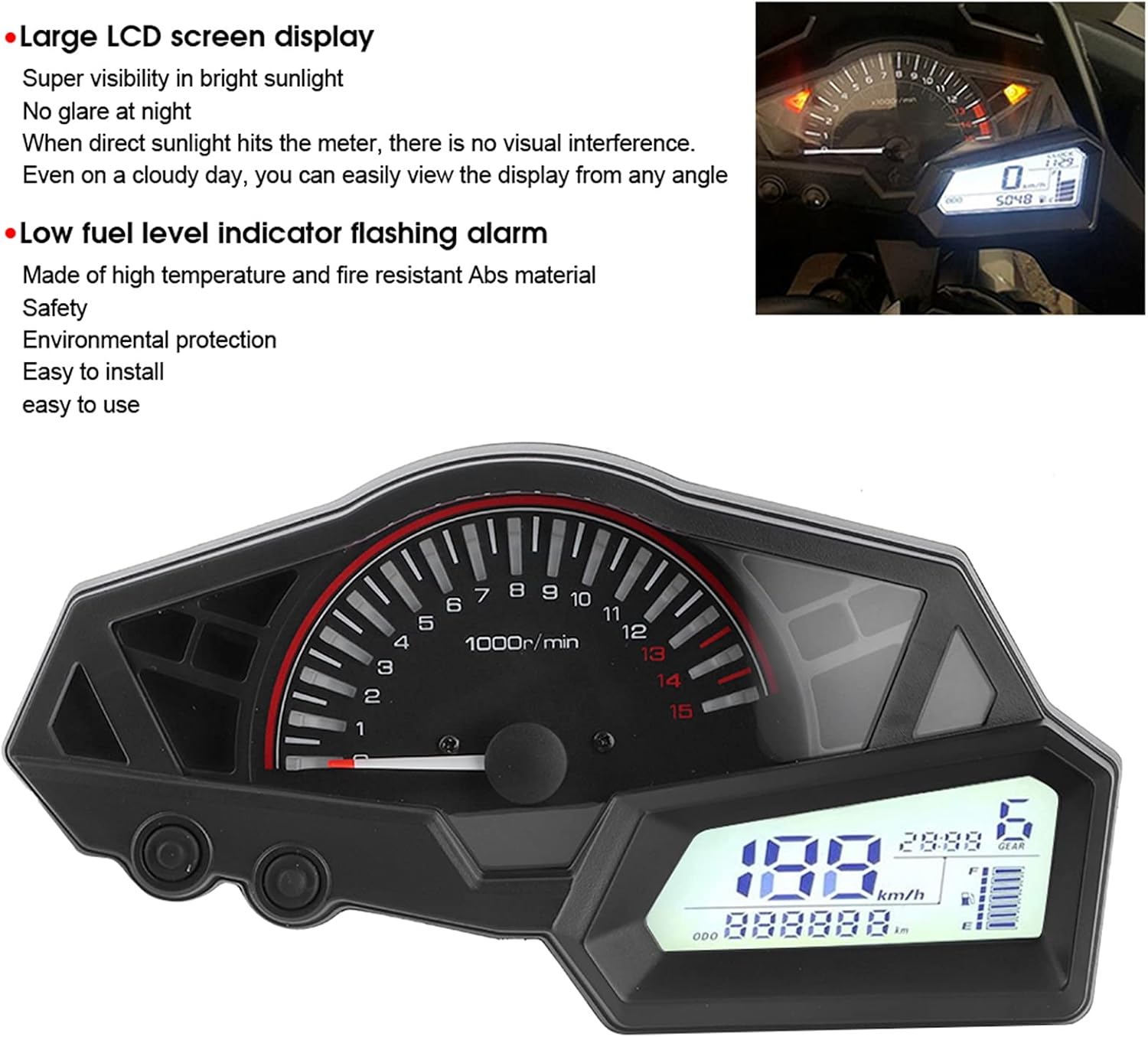 Acouto Motorcycle Speedometer for 300 6 Gear LCD Motorcycle Odometer Tachometer Speed Fuel Gauge 15000RPM 0-199km/h