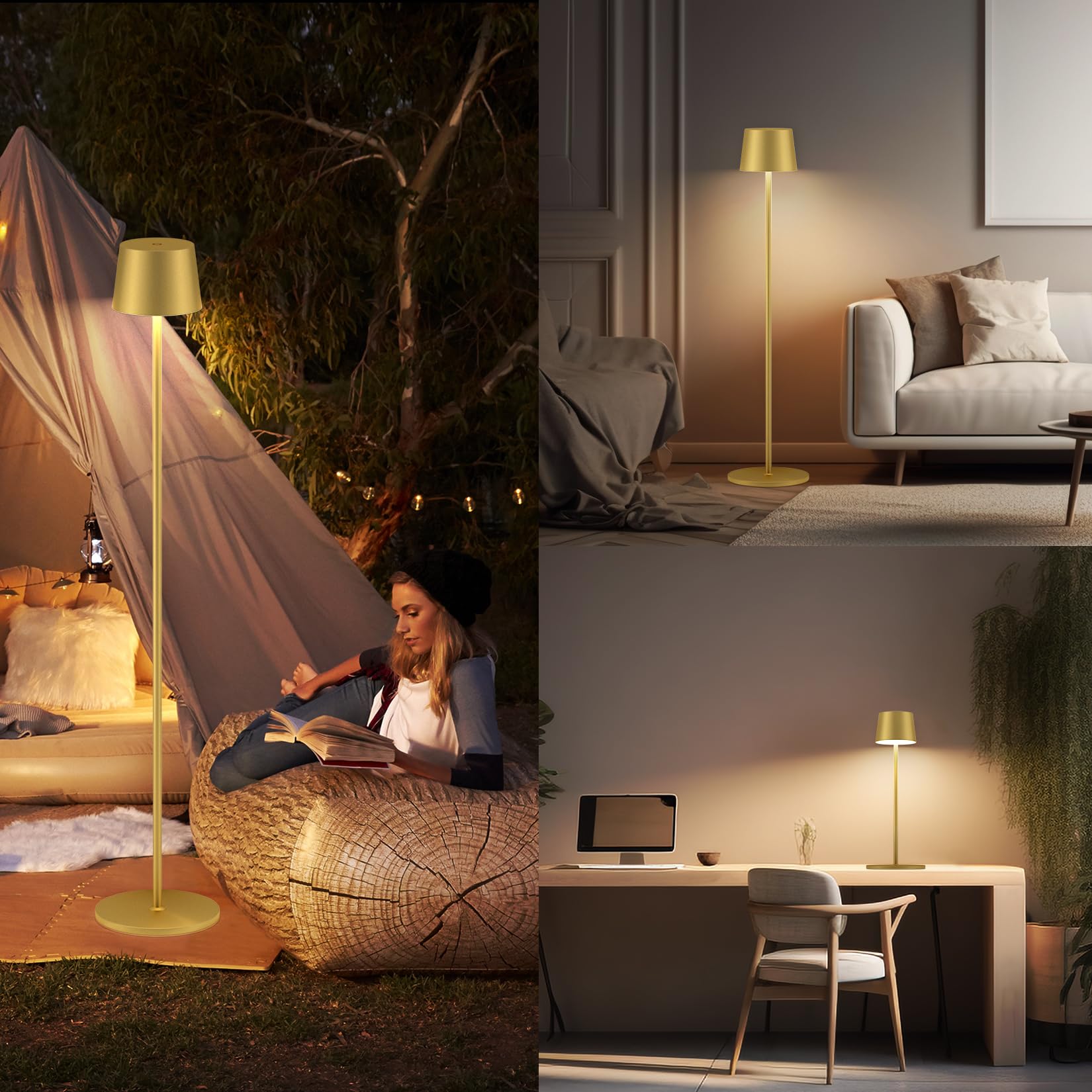 Ralbay Gold Cordless Floor Lamp for Outdoor, 51.2inch Waterproof Floor Lamp, 7000mAh Battery Floor & Desk Lamp, Modern Portable Tall Pole Standing Light for Outdoor,Living Room,Bedroom