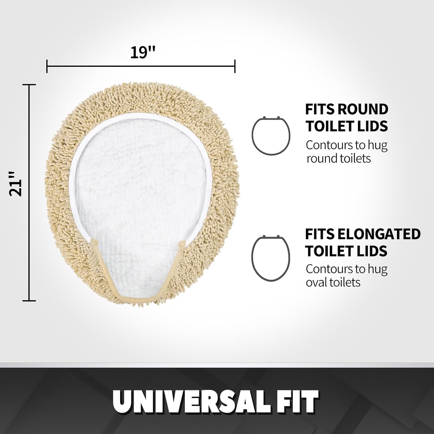 TREETONE Shaggy Chenille Bathroom Toilet Lid Cover, Ultra Soft Plush Seat Covers, Fluffy Absorbent, 19x21 Inches, Standard Toilet Lids for Bathroom Machine Wash & Dry, Beige 21" x 19" Beige