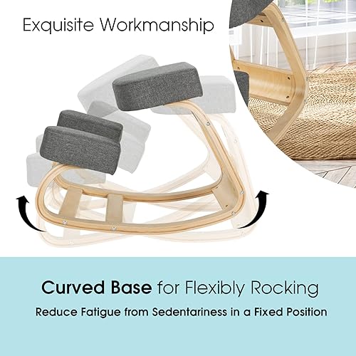 Miniatura 5 de Giantex Silla arrodillada, silla de postura de madera, carga máxima de 330 libras, mecedora con cojín suave, alivio natural para dolor de espalda,