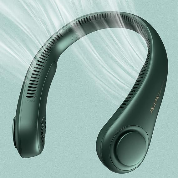 JISULIFE Transportable Neck Fan, Arms Free Bladeless Fan, 4000 mAh Battery Operated Wearable Private Fan, Leafless, Rechargeable, Headphone Design, USB Powered Desk Fan,3 Speeds-Darkish Inexperienced