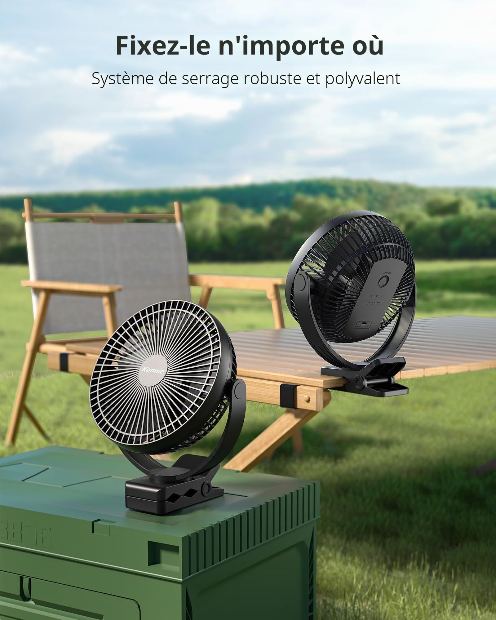 Koonie Ventilateur à Clip à Piles 10000 mAh 20CM, Ventilateur USB portable, 4 Vitesses, débit d'air puissant, Pince Robuste pour Bureau Personnel, Voiture de Golf, Voyage en plein air, Camping (Noir)