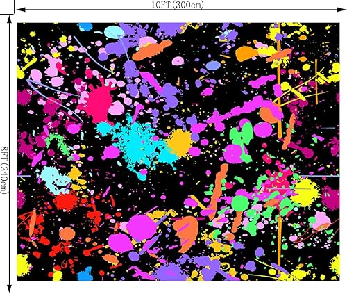 Miniatura 8 de Telón de fondo de fotografía de fiesta de cumpleaños neón brillante de 8 x 6 pies, colorido graffiti salpicado en la oscuridad, fondo retro Let's