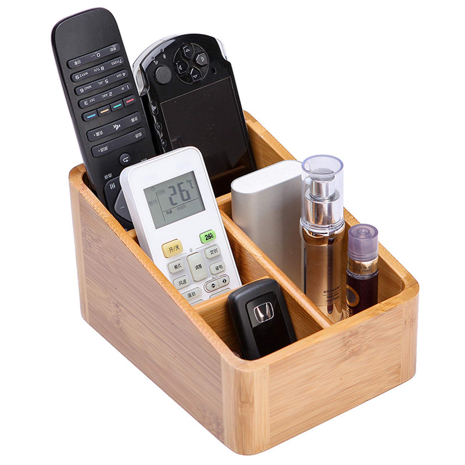 Boîte de rangement de bureau, 4 Compartiments en Bambou Multi-Fonctionnels Organisateur Télécommande TV Home Articles divers, Rangement en bois boîte de Cosmétique #3