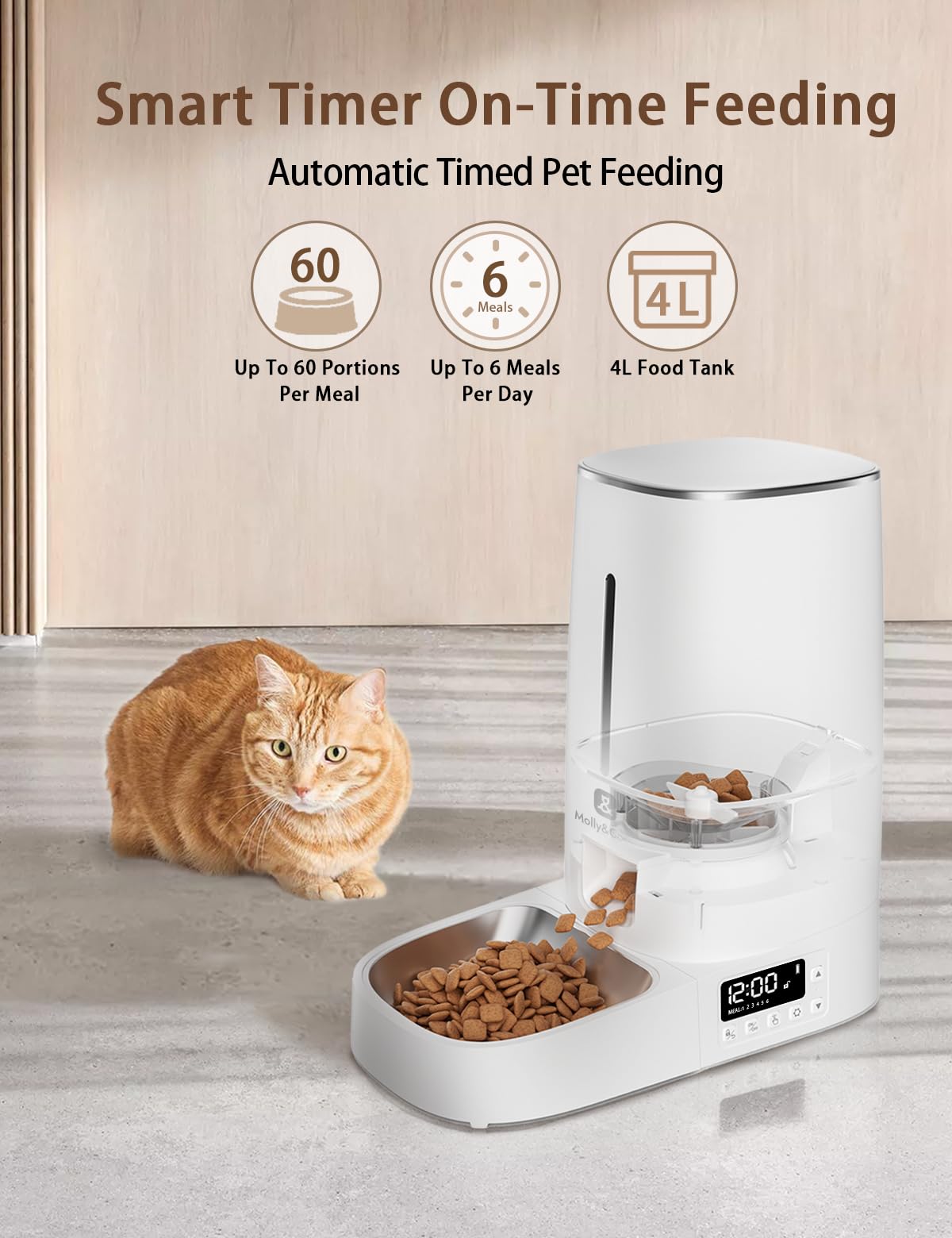 Timed Automatic Cat Feeder: 4L Programmable Cat Food Dispenser with Visual LCD Display, Automatic Dog Feeder with Airtight Storage,304 Stainless Steel Bowl,Dual Power Supply,Detachable for Cleaning - image 2
