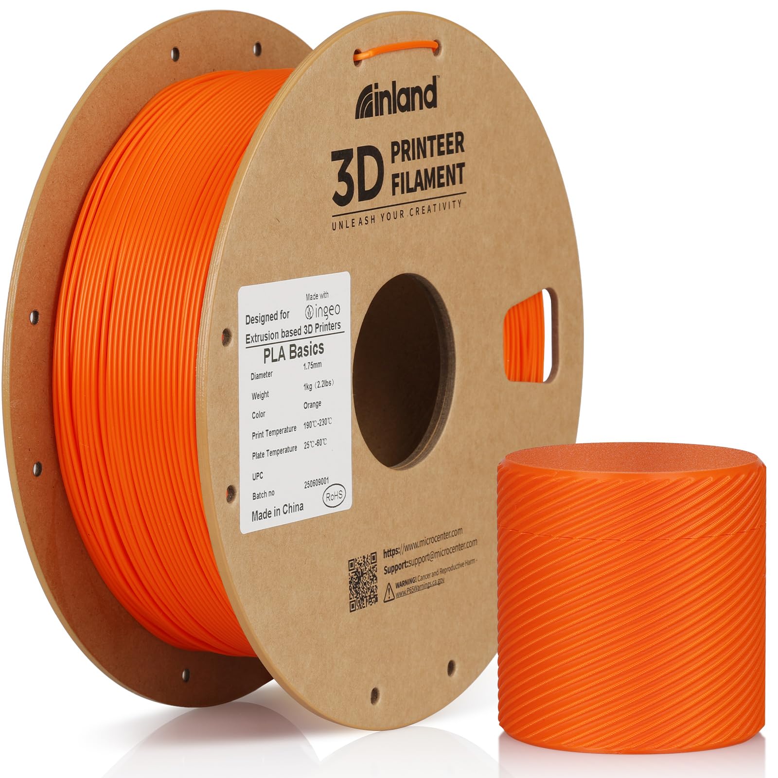 Inland PLA Basics Filament 1.75mm, 1kg Spool – Dimensional Accuracy ±0.02mm, Neatly Wound, Fits Most FDM 3D Printers (Orange, 1 Pack)