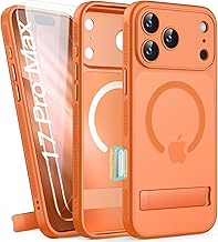 for iPhone 17 Pro Max Case with Stand, 2 Glass Screen Protectors, Compatible with MagSafe, Lens Protection, Camera Control, Military Grade, Translucent Matte Case for iPhone 17 Promax, Orange