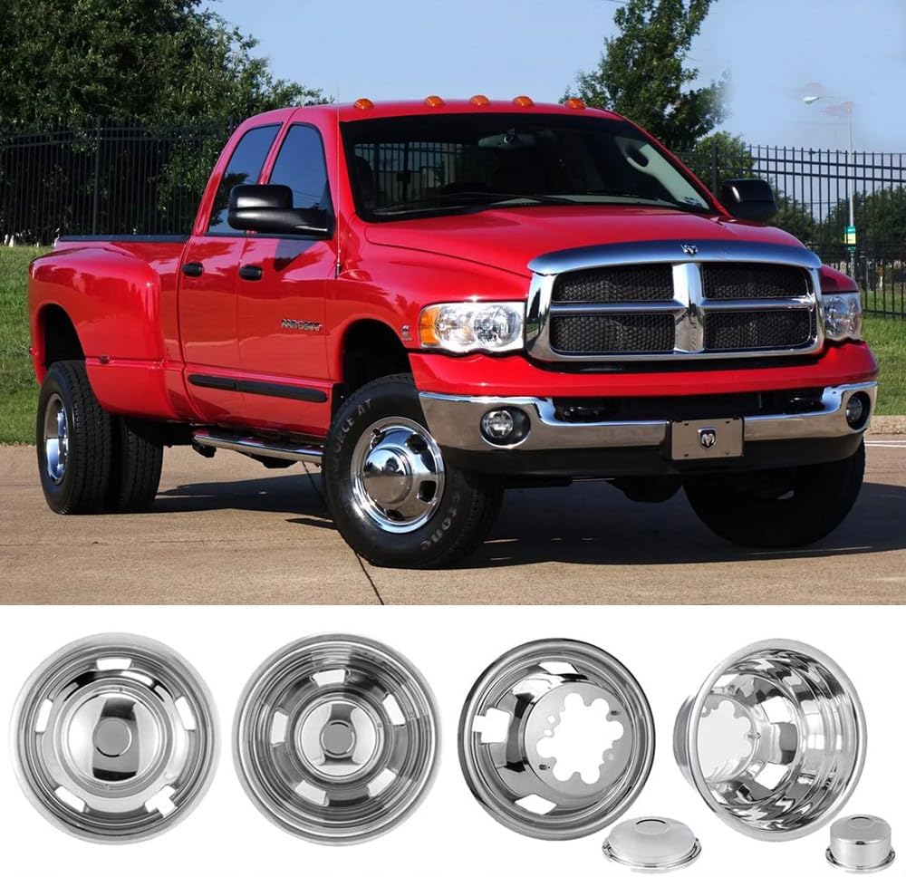Set of 4 17inch Polished Stainless Steel Dually Wheel Simulators, Shiny 8-Lug Bolt On Wheel Covers with Removable Centre Cap,8 Lug Hubcaps Fit for 2003-2018 Dodge Ram 3500 2WD/4WD P17R8