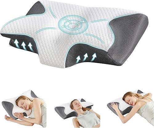 Smug Almohada cervical para el cuello para dormir, almohada ergonómica de espuma viscoelástica con ranura para reposabrazos y funda de almohada de