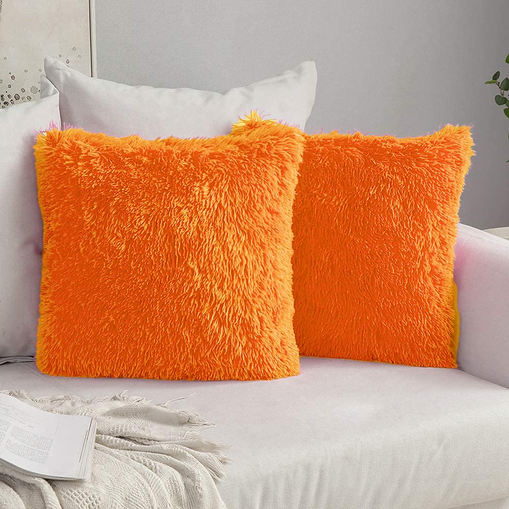 Catchyx Cart Luxury Soft Faux Fur Cushion Cover Pillowcase Decorative Throw Pillows Covers, No Pillow Insert, 16" x 16" Inch, White, 2 Pack (Orange)