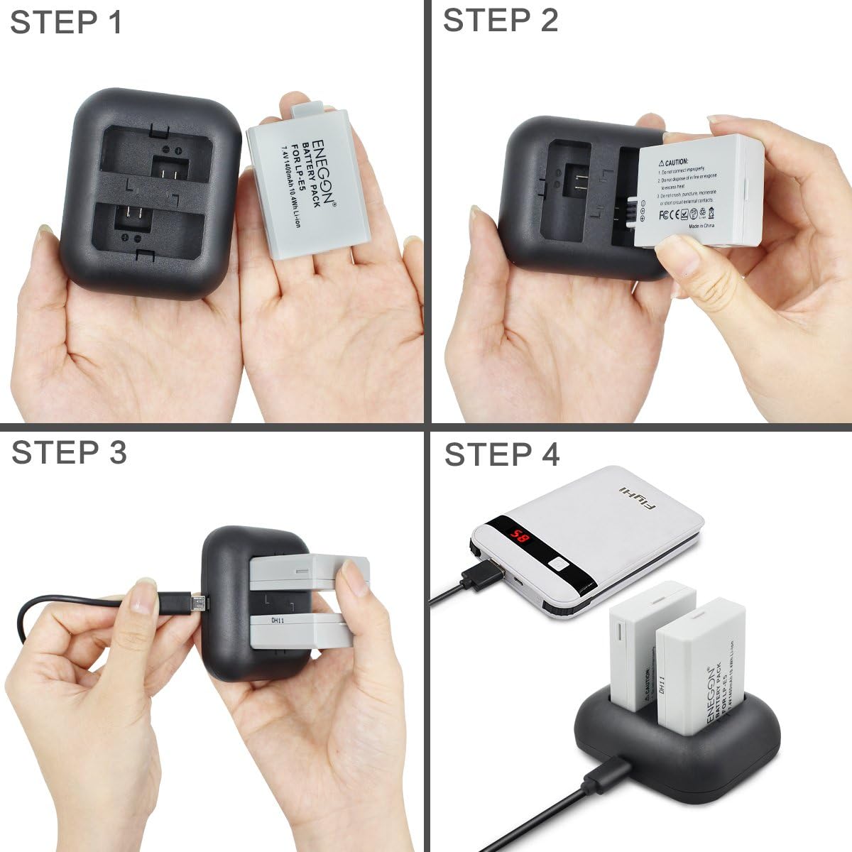 Step-by-step images showing how to insert batteries into the charger and connect the USB cable.