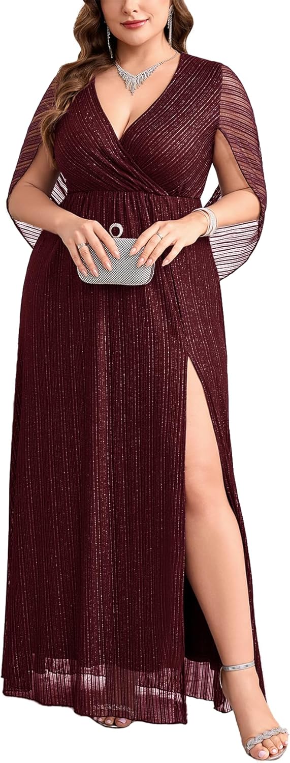 CYCLAMEN Plus Size Sparkly Formal Dress Cape Sleeve V Neck A Line Side Split Maxi Evening Gown Wedding Guest Prom Dresses